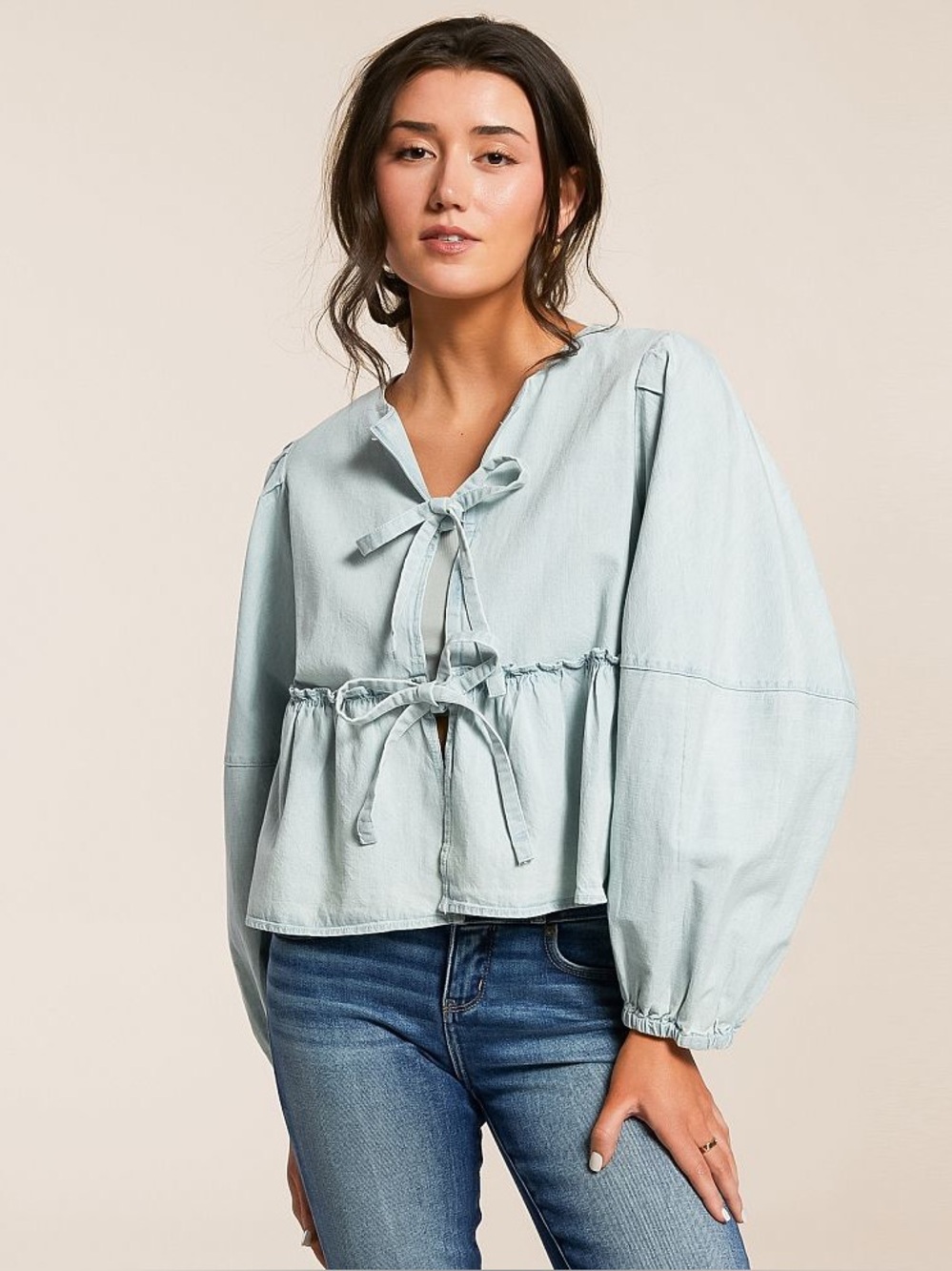 Free People Denim Brunch Babe Tie Front Top Chambray Small Peplum Preppy Spring